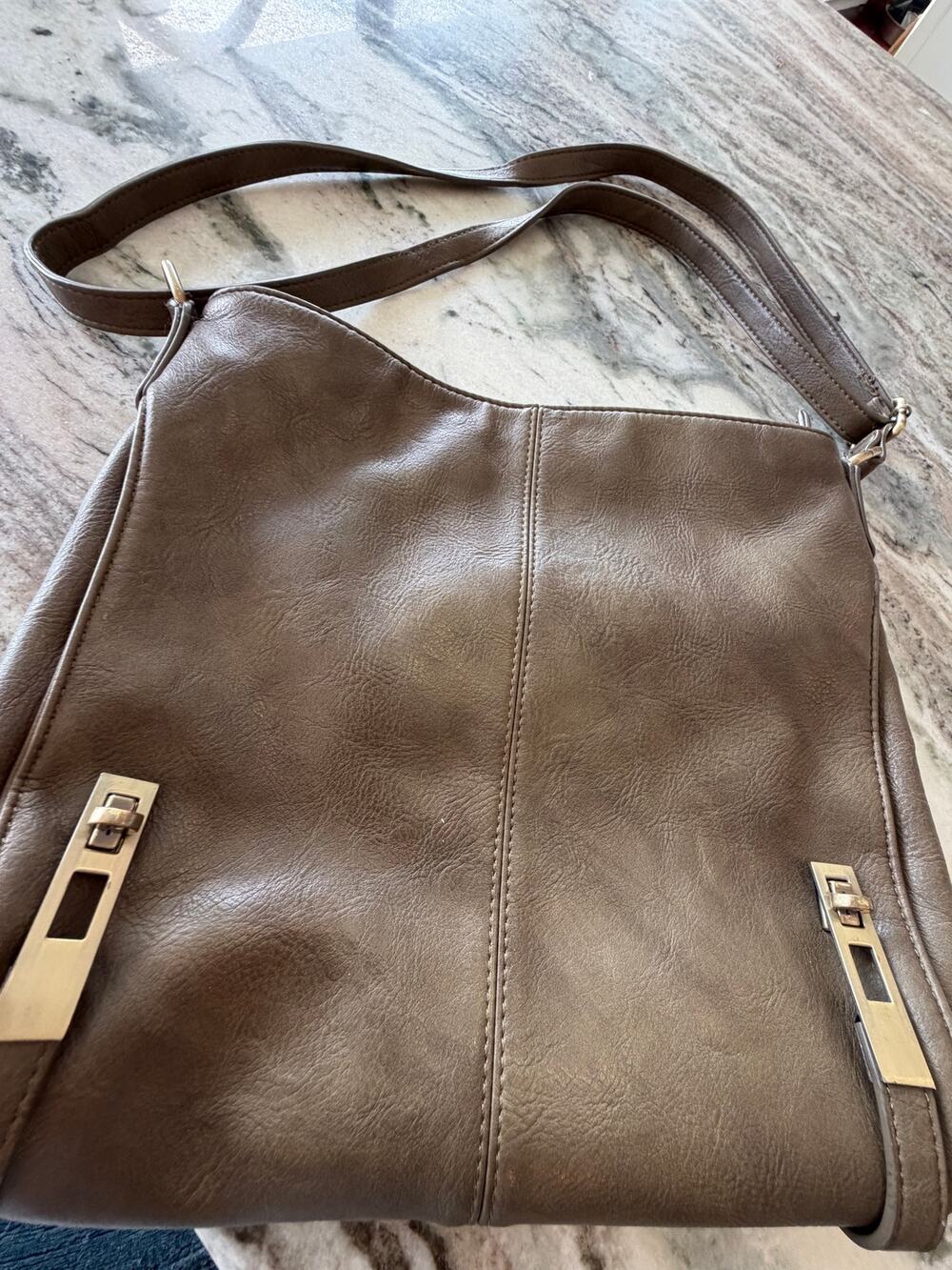MMS Taupe Metallic Shoulder Bag Large Faux Leather‎ Hobo Purse Gold Hardware